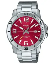 Casio Stainless Steel Red Dial Date Quartz MTP-VD01D-4BV 50M Analog Mens Watch