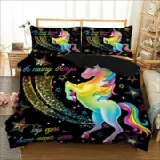 Black Rainbow Unicorn Quilt Doona Duvet Cover Pillow Case Set