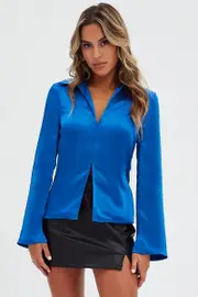 Blue Shirt Long Sleeve Collared Hook & Eye Satin Crepe - Size 6, Women's Shirt