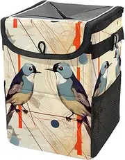 Car Trash Can with Lid and Storage Pockets Leak-Proof Organizer,Multipurpose Trash Bin for Car,Bird and Geometry