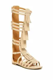 West Blvd Nairobi Nude Leather Flat Open Toe Knee High Gladiator Fringe Sandals