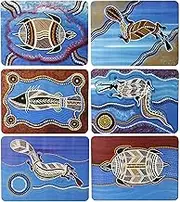 6 Placemats + 6 Coasters - Made in Australia - Cork Backed - Aboriginal Art - Animals, Birds, from The Wetlands - Gift, Souvenir, Australia, Indigenous