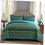 Cotton Bedspread Quilt Sets-Reversible Patchwork Coverlet Set, Cyan