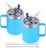 [Volhoply] 12oz Insulated Leakproof Coffee Mug with Sliding & Straw Lid Bulk 2 Pack,Double Wall Vacuum Stainless Steel Travel Tumbler Cup with Handle,Reusable Camping Mugs Keep Cold/Hot(Blue,2 Set)