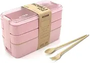 STR-Eco-Friendly Compact Bento Lunch Box Set with Spoon, 3-in-1 Compartment Stackable Meal Prep Containers for Kids & Adults (Pink)