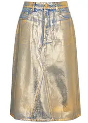 Ganni Foil-print Denim Midi Skirt - Gold - 34 (UK6 / XS) 34 (UK6 / XS)