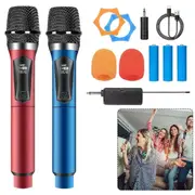 2x Wireless Microphone Handheld Cordless UHF Dynamic Mic System Karaoke Receiver 1x Red + 1x Blue