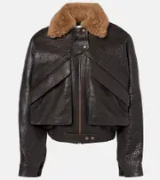[Magda Butrym] Magda Butrym Cropped shearling-trimmed leather jacket AU 14 brown