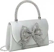 [Fontanella Fashion] Women's Elegant Evening Clutch Bag Rhinestone Bow Top Handle Sparkly Handbag Stylish Chain Strap Secure Closure