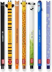LEGAMI - Set of 7 Erasable Gel Pens with Thermosensitive Erase Ink, Range of ink colours & barrel designs, 0.7mm Tip, Cat, Bee, Corgi, Giraffe, Panda, Shark, Hippo Designs