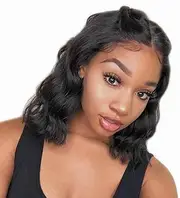 Lace Frontal Dark Brown Bob Wigs Shoulder length HD bob Lace Front Wigs Wavy Bob Wigs (Black, One size)