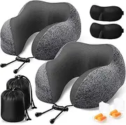[ExploreBliss] Travel Pillow, 2 Pack Travel Pillows for Sleeping Airplane, Removable Cover Neck Pillow with Adjustable Clasp, Memory Foam Neck Pillow Set (Dark Grey*2)