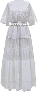 [Generic] V-Neck Short Sleeve Dress Hollow Pullover White Fairy Long Evening Dress for Women