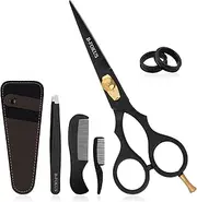 5.5” Professional Mustache & Beard Scissors Kit, Durable Stainless Steel Grooming Scissors for Precise Facial Hair Trimming, Includes Mustache Comb, Beard Comb, Tweezers, and Pouch (Black)