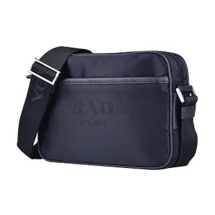 【PRADA 普拉達】PRADA 經典LOGO尼龍搭皮革飾邊拉鍊斜背相機包(海軍藍)