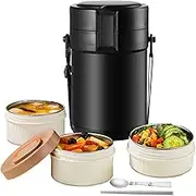 TTrpuon 82oz Thermos Container for Hot Food, 3 Tier Wide Mouth Insulated Stackable Food Container, Lunch Box for Work Office Outdoors Picnic (Black)