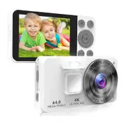 Digital Camera, Autofocus 4K 64MP Point and Shoot Digital Cameras for Teens, 18X Zoom Anti Shake Compact Video Camera for Kids Beginner, White