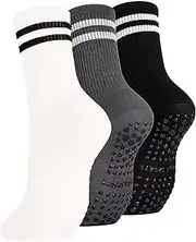 [Wioklwe] Yoga Grip Socks Women-3 Pairs Non Slip Pilates Socks Grippy Socks Mid-Calf Grip Socks Breathable Socks for Fitness, Running