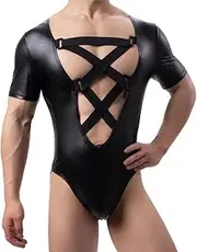 [BBOYMMYOBB] Men's Sexy Faux PU Shiny Leather Jumpsuit Bodysuit Pole Dance Leotard Adult Onesie Singlet Gay Club Performance costumes, Black