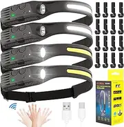 4Pcs Headlamp Rechargeable,600 Lumen LED Headlamp,230°Wide Beam and Spotlight Head Lamps,Motion Sensor, Headlight Flashlight with Lightweight Hardhat Clips for Hiking, Running, Repairing