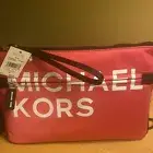 New Michael Kors Sport Large Zip Wristlet Clutch Pink & White Nylon Tags