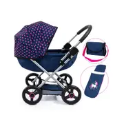 Bayer Cosy Doll Pram Dark Blue With Pink Hearts And Unicorn For Below 46cm Dolls