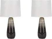 Lexi Lighting Kalasa Ceramic Table Lamp, Set of 2, E14 Lamp Holder, Brown Glazed Ceramic Base, Gradient Pattern, White Linen Shade, Convenient Bedside Lamps