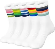 [Vivtful] Men's Socks Cotton Colourful Stripes Sports Socks Breathable Padded Terry Sole Tennis Socks Cushioned 5 Pairs Crew Socks
