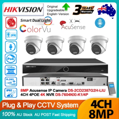 Hikvision 12MP 4CH 4K Smart Hybrid Light CCTV System 8MP Acusense Mic IP Camera