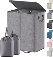 Lifewit Double Laundry Hamper with Lid and Removable Laundry Bags, Large Collapsible 2 Dividers Dirty Clothes Basket with Handles for Bedroom, Laundry Room, Closet, Bathroom, College, 136L Grey