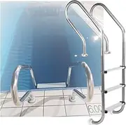 3 Steps Pool Ladder, Swimming Pool Pedal Step with Extended Handrail, Stainless Steel Step for Water Park Indoor Pool Fish Pond(Drilling,3-Steps1.2mm)