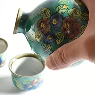 日本九谷燒 清酒杯壺組-綠椿 清酒杯 清酒壺 送禮 日本製