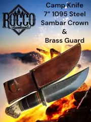 Fixed Blade Rocco Handmade 7" 1095 Camp Sambar Stag Crown, Brass Guard