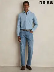 Reiss Washed Blue Minoa Cotton-Piqué Button-Down Chambray Shirt (AM4619) | $195