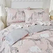 Brandream Duvet Cover Queen Size 100% Percale Cotton 3pcs Girl Boys Girls Bedding Duvet Cover Shams Set, Delicate Ruffle Fringe Soft Breathable (Blush Jungle Safari Animals)