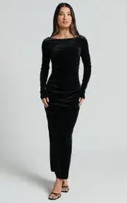 Mirabelle Midi Dress - Long Sleeve Back Cut Out Ruched Velvet Dress in Black