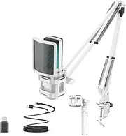 Gaming Microphone with Articulated Arm,White Computer Condenser Mic Fit for PC Mac Recording Podcasting Streaming