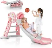 HONEY JOY 3-in-1 Indoor Slide for Kids, Folding Slide Playset with Basketball Hoop & Small Basketball, Safe Buffer Zone, Freestanding Kids Climber & Slide Set for Children Aged Over 18 Months (Pink)
