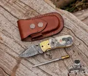 Custom Handmade Pocket Knife with Hand Stitched sheath & Hand File work EDC