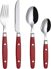 EXZACT Cutlery Set 24pcs Stainless Steel - with Rivet Craft Handles/Retro Style Flatware - 6 x Dinner Forks, 6 x DinnerKnives, 6 x Table Spoons, 6 x Tea Spoons -Serves 6 (Red)
