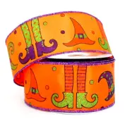 Halloween 2.5" by 5 yard Wired Ribbon Patterned Iridescent Witch Hats Legs Shoes