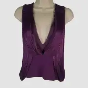 Tom Ford Women Purple Raw V-Neck Cold-Shoulder Draped Fringe Blouse Top Size 36