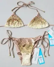 NWT Beach Bunny Ariel Tri Top (XS) & Skimpy Bottom (XL), Gold Ombre