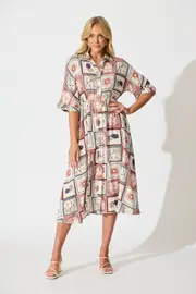 Charlotte Midi Shirt Dress Half Sleeve in multicolor Cream With Rust Multi Patchwork Print 8