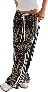 [SAFRISIOR] Womens Hudson Canyon Pants Side Striped Sweatpants Drawstring Waist High Rise Pant Trousers with Pockets, Leopard Grey, Medium