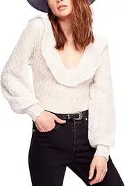 [Free People] Macaroon Women's Semi-Sheer Pointelle Knit Ruffled Pullover Sweater
