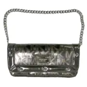 Michael Kors Womens Clutch Purse Shoulder Bag Chain Handle Mk Logo Silver New