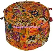 Sophia Art Indian Embroidered Patchwork Cover Indian Decorative Pouf Indian Comfortable Floor Cotton Cushion Ottoman Pouf,Indian Designs Ethnic Patchwork Pouf (Yellow Rajkoti, 14"x22")