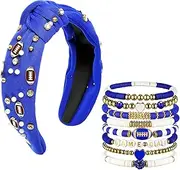 1 Pcs Game Day Football Headband Women and 8 Pcs Bracelets Football Accessories Pearl Rhinestone Jeweled Knotted Headband Beaded Stretch Bracelet for Game Day Gifts Jewelry (Blue,White Blue)