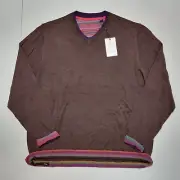 ROBERT GRAHAM PURSUIT Men's 2XL Brown 100% WOOL V-Neck Contrast Cuffs Sweater